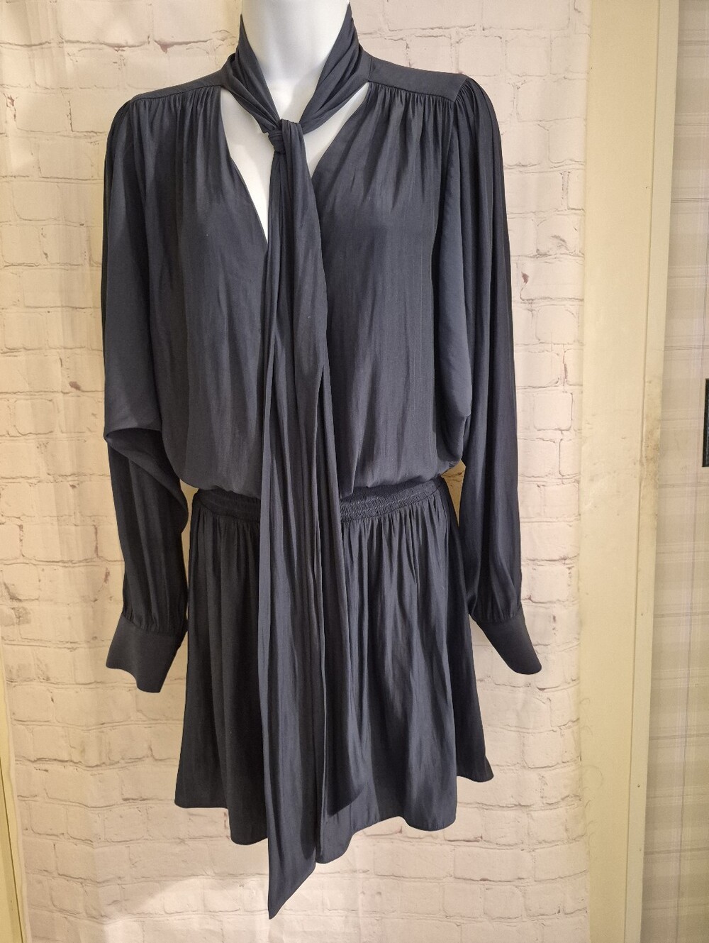 RAMY BROOK "Winslow"  Navy Blue Blouson Tie Neck Mini Dress Sz.S Ret. $445